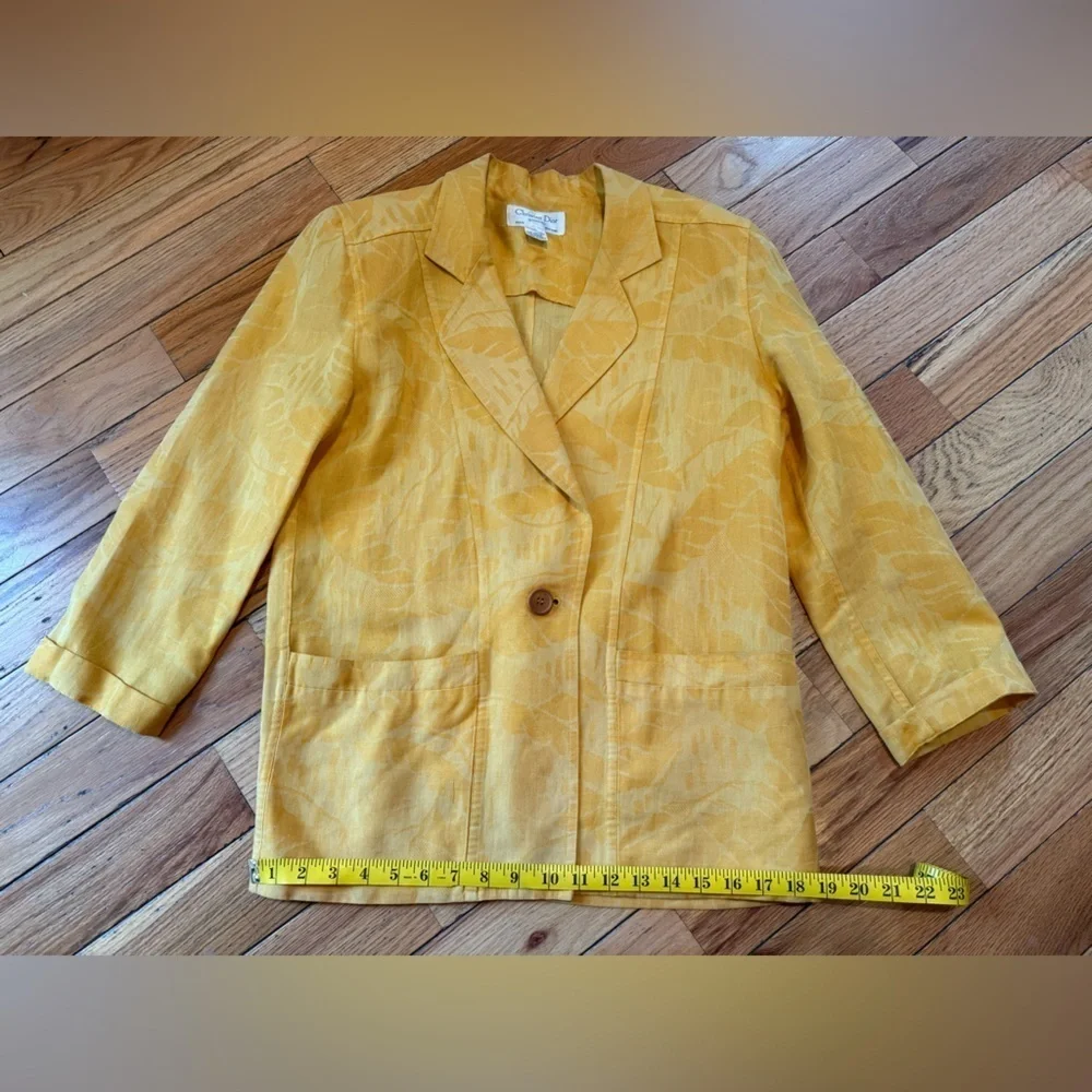 VTG Christian Dior 1 Button Cotton/Linen Yellow Palm Women’s Blazer Size 6 READ